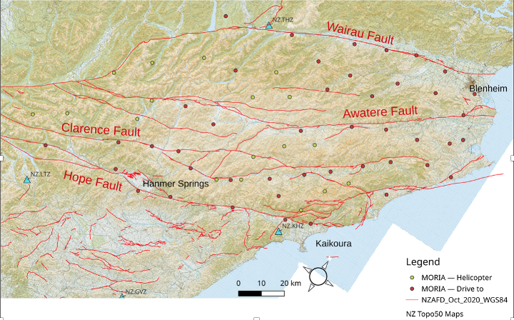 Moria Network, image of Clarence Fault, Hope Fault, Awatere Fault and Wairau Faults